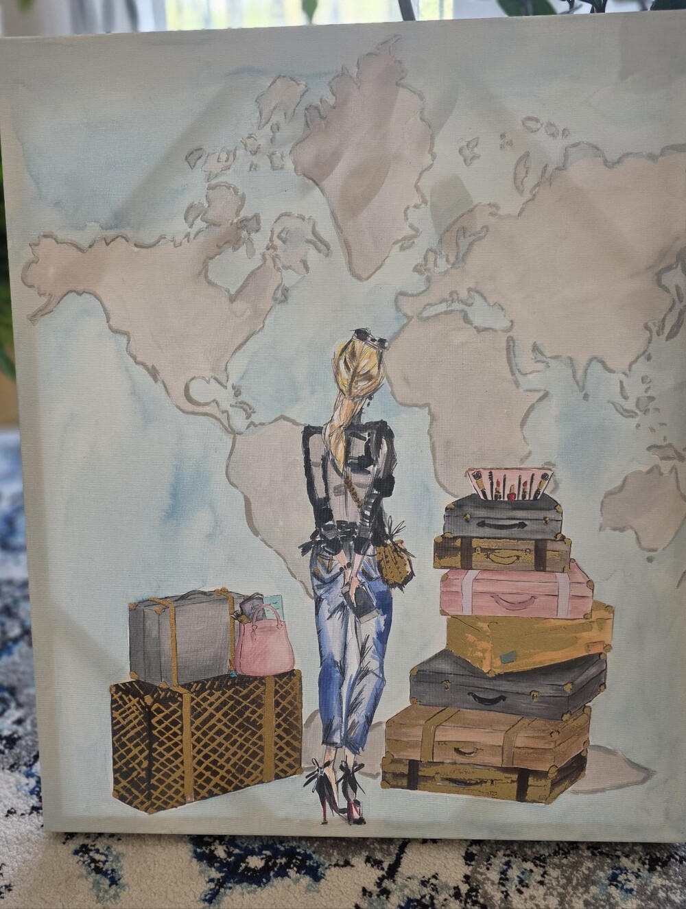 Fashion Travel Girl Canvas Wall Art World Map Painting Chic Glam Decor